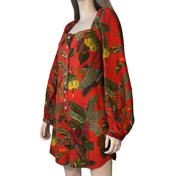 Anthropologie Farm Rio Red Forest Birds Romper Playsuit Linen Tiki Bold Print - Picture 11 of 16